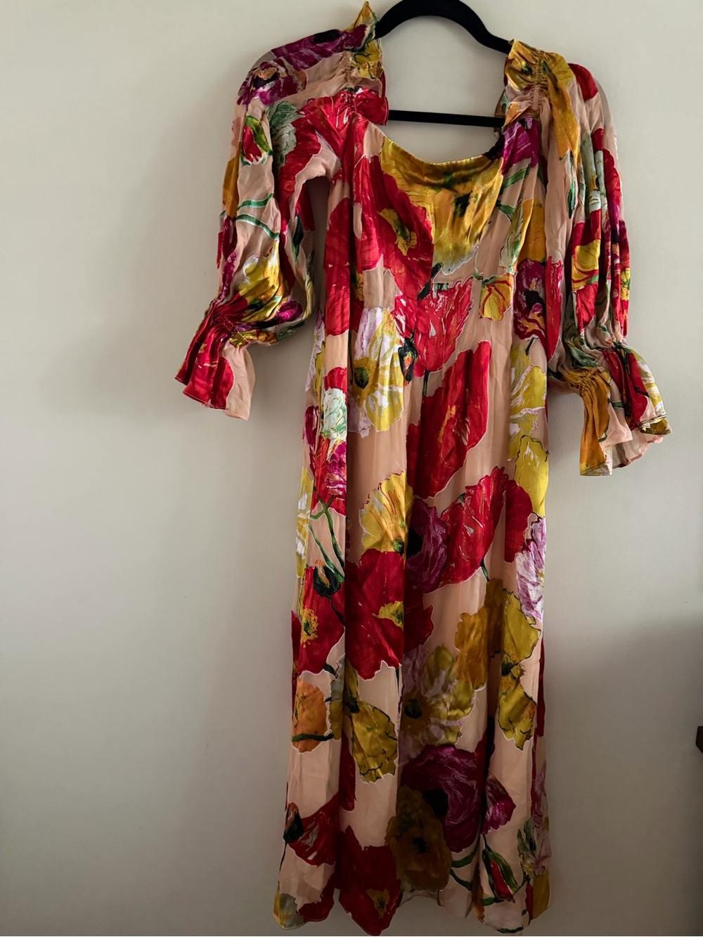 cult gaia Floral Midi Dress in Pink, Red & Yellow Off shoulder & FAB